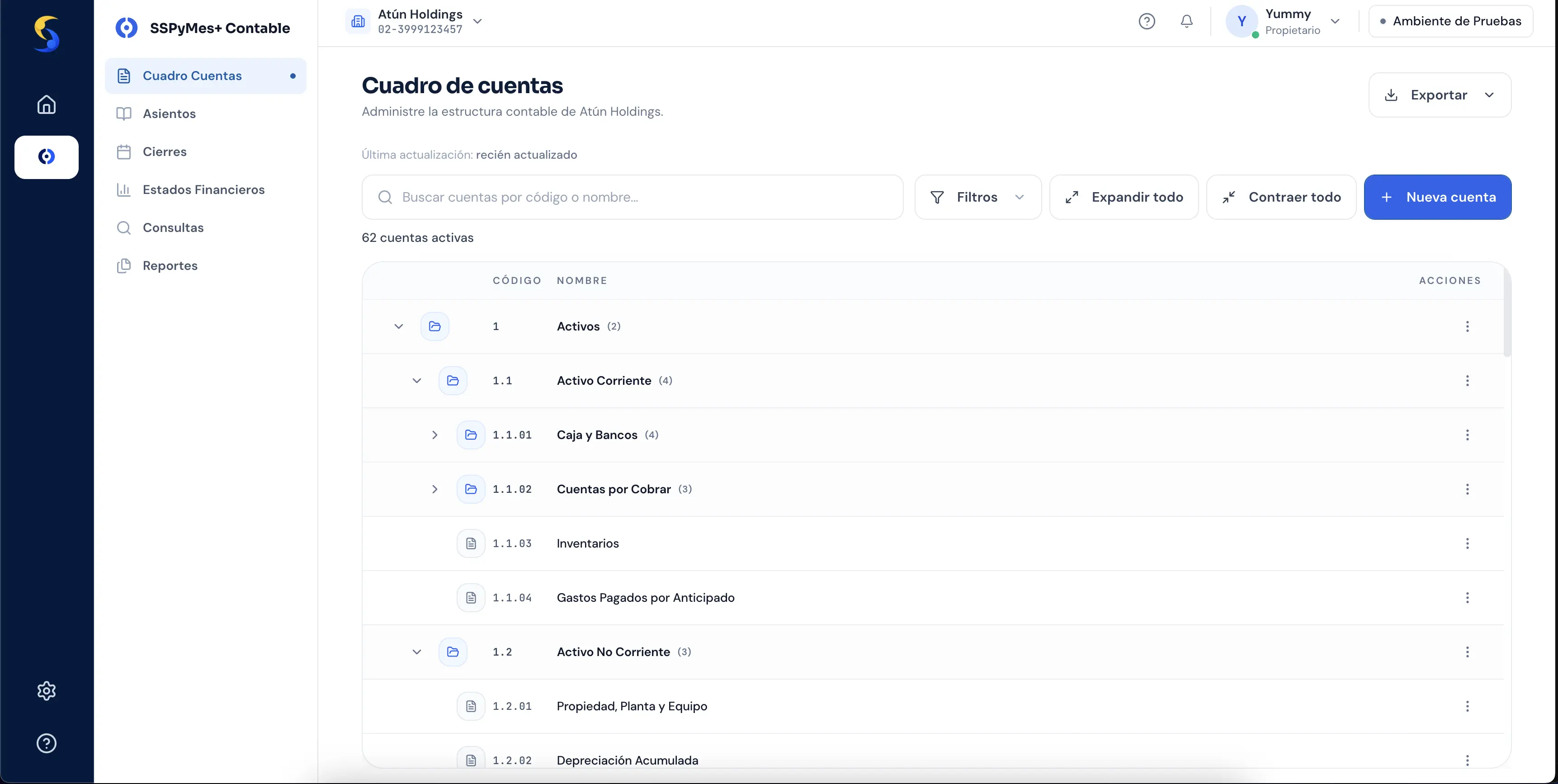 Pantalla del cuadro de cuentas en SSPyMes+ Cloud con el encabezado que muestra el nombre de la empresa activa, la barra de búsqueda y las acciones Crear cuenta, Exportar y Filtros.