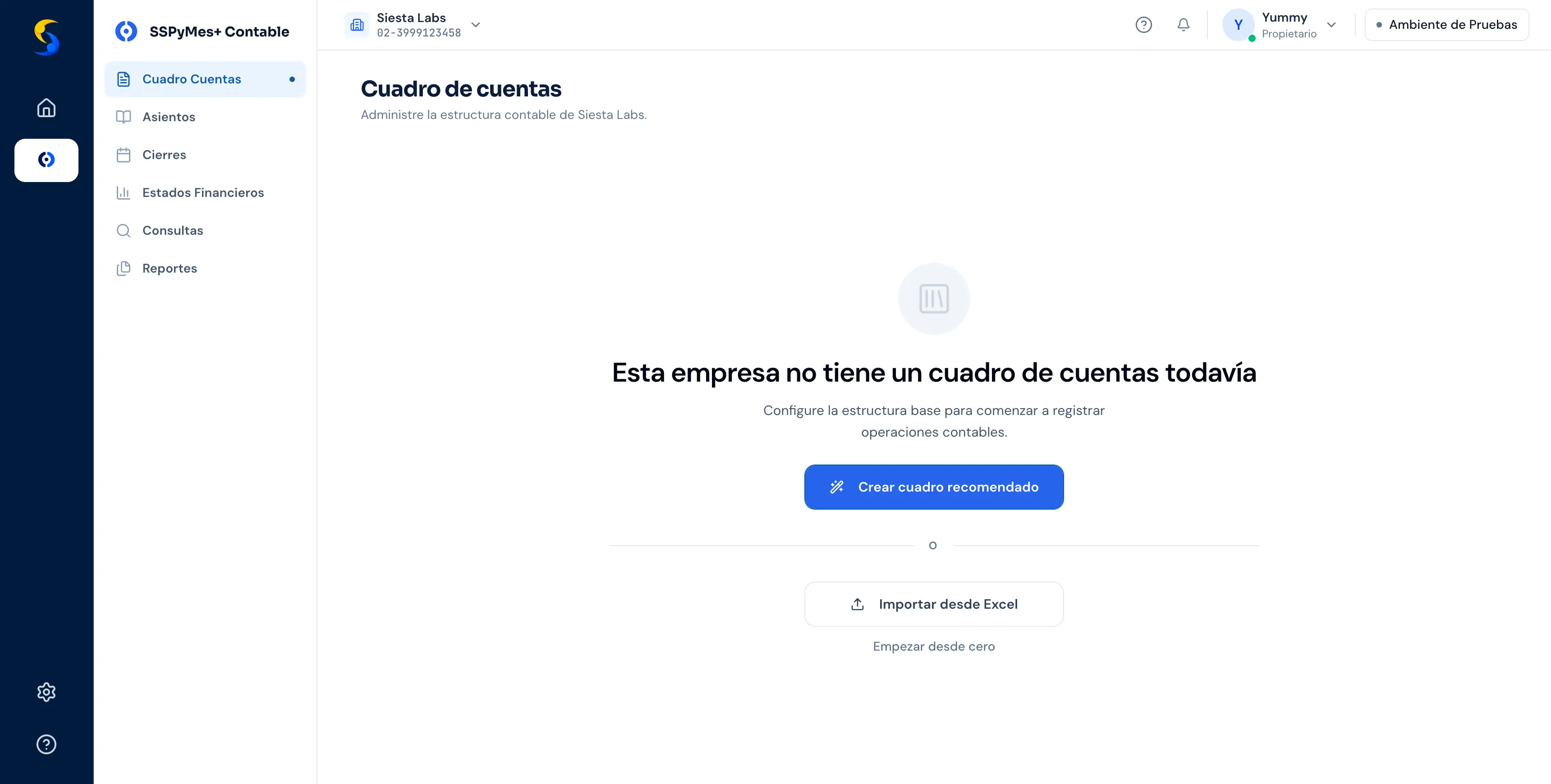 Estado vacío del cuadro de cuentas con el mensaje Esta empresa no tiene un cuadro de cuentas todavía y las opciones Crear cuadro recomendado, Importar desde Excel y Empezar desde cero.