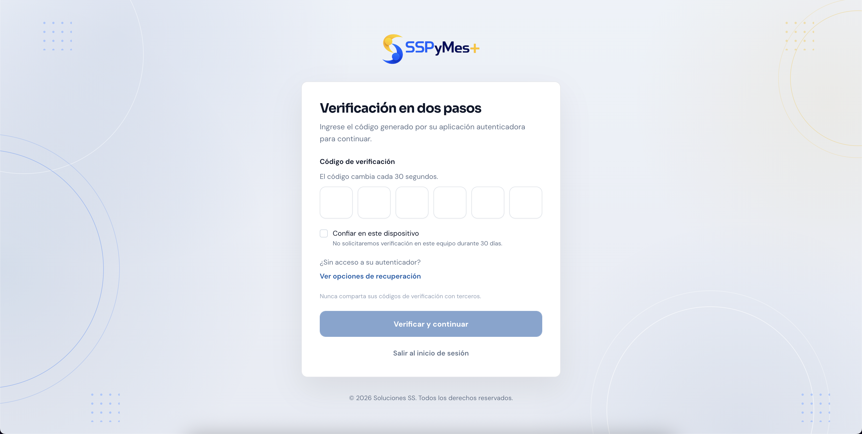 Pantalla de verificación en dos pasos al iniciar sesión en SSPyMes+, con campo para el código de 6 dígitos y opción de confiar en el dispositivo.